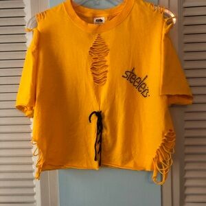 Handmade women’s Steeler shirt with distressed features, black tie, Steeler logo